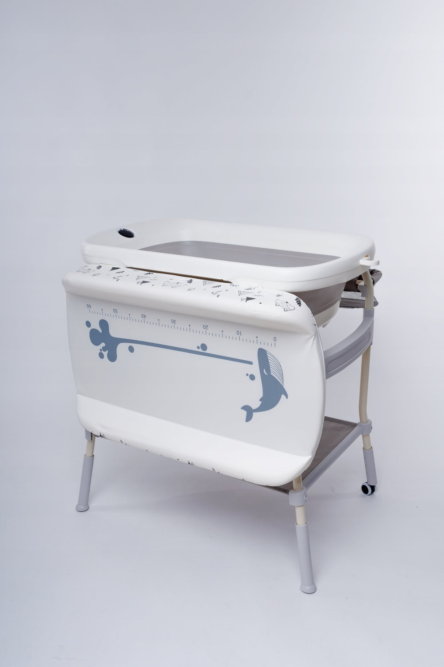 2in1 vonelė su stovu ir pervystymo stalu, su termometru, sulankstoma, su ratukais