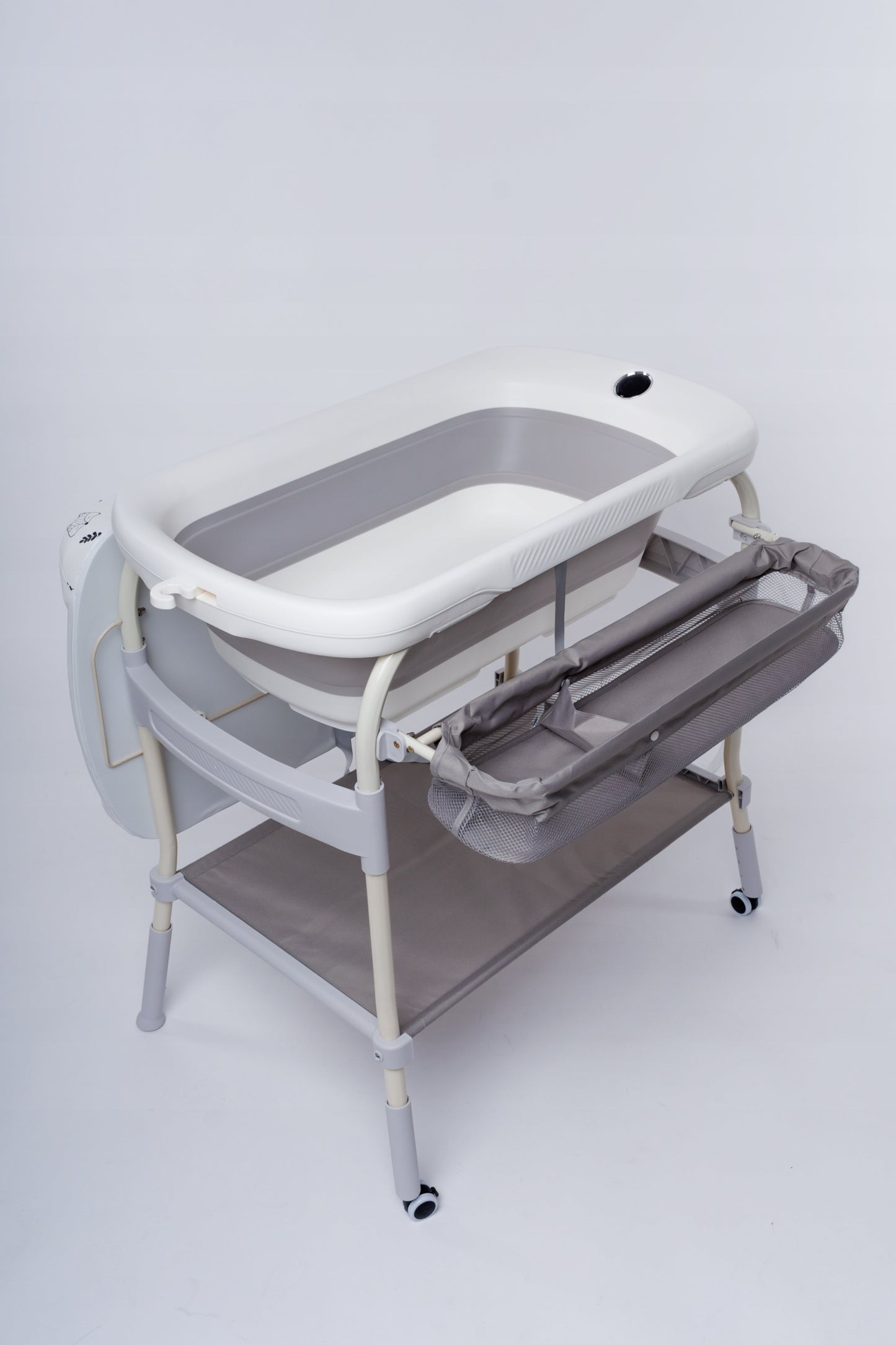 2in1 vonelė su stovu ir pervystymo stalu, su termometru, sulankstoma, su ratukais