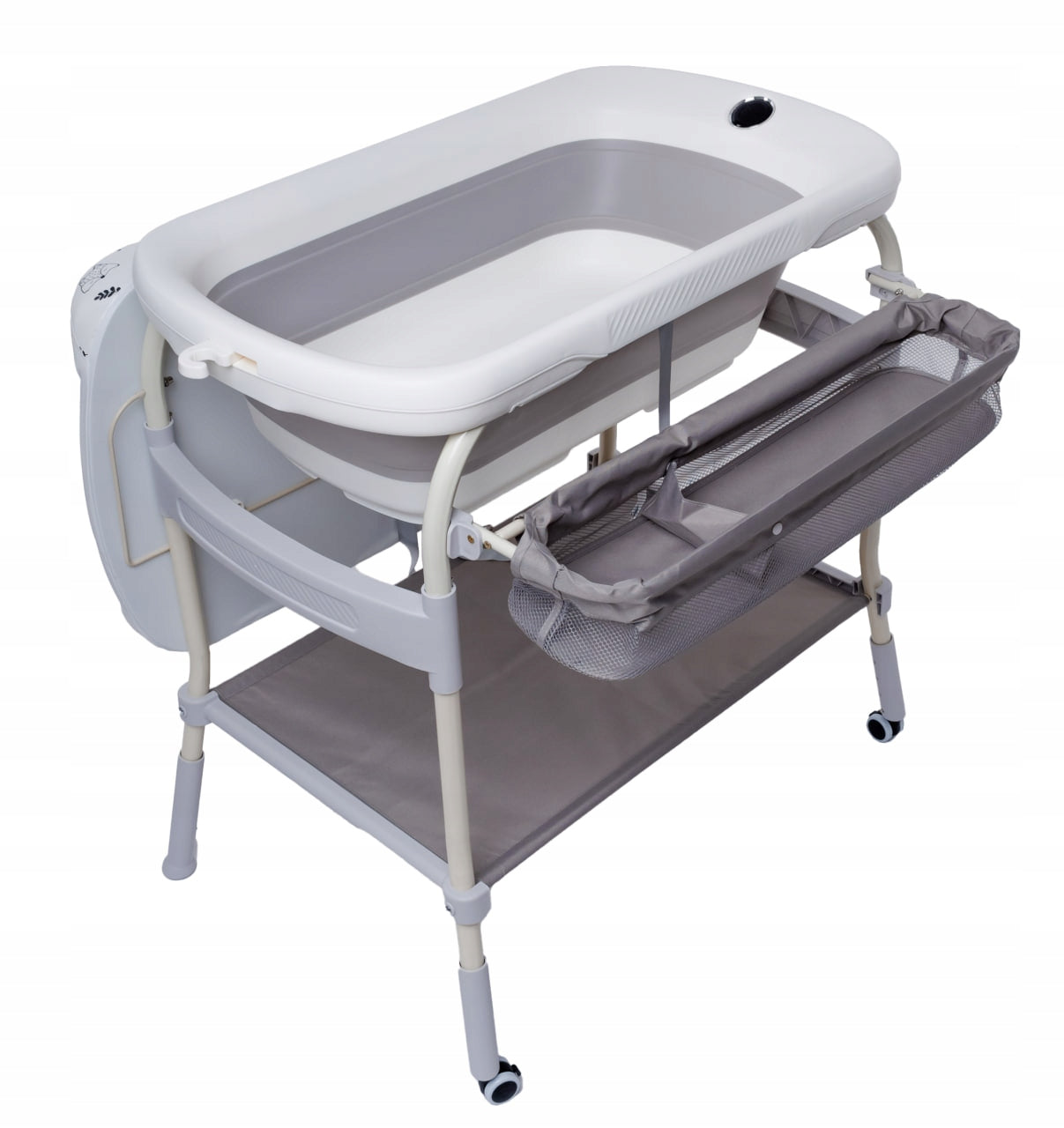 2in1 vonelė su stovu ir pervystymo stalu, su termometru, sulankstoma, su ratukais