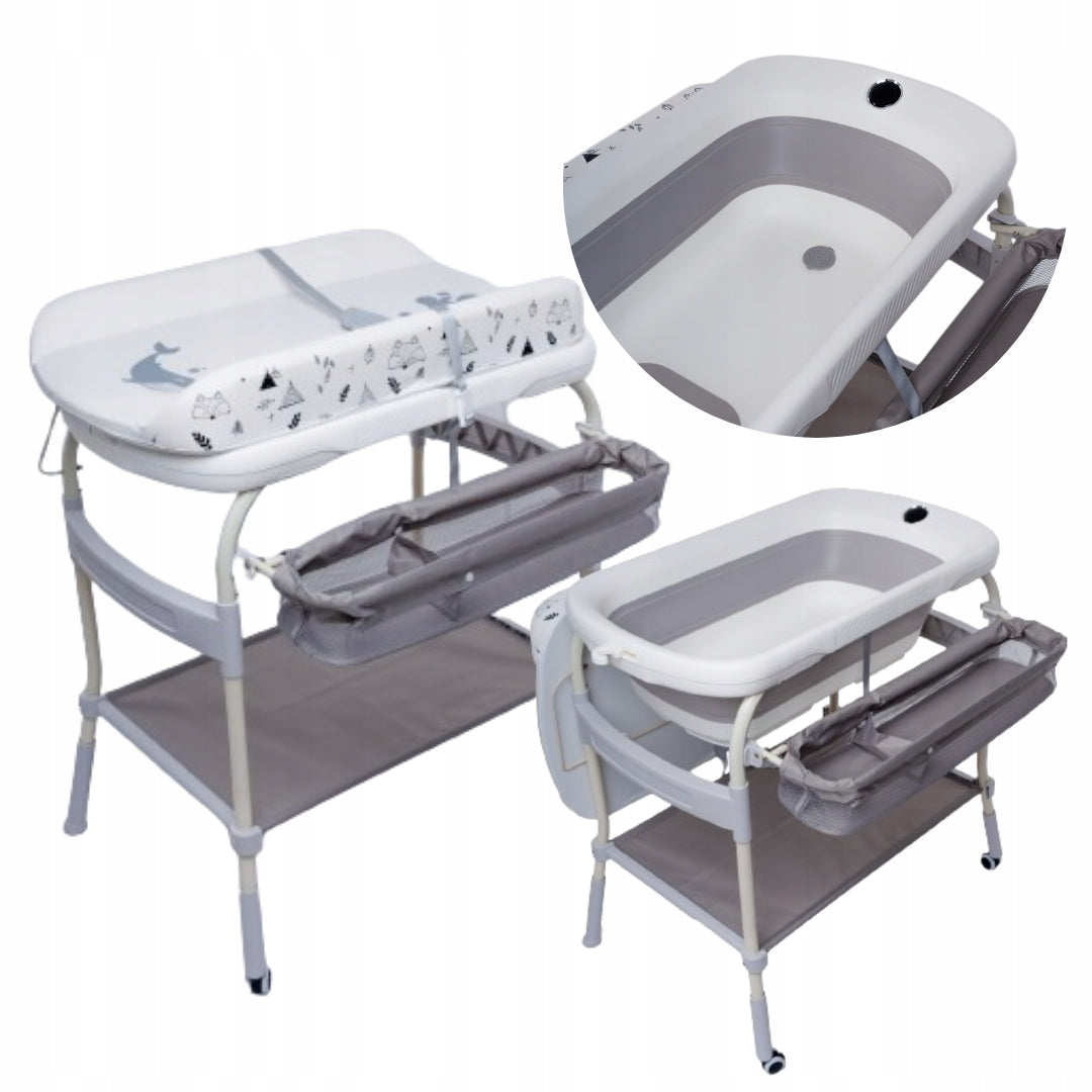 2in1 vonelė su stovu ir pervystymo stalu, su termometru, sulankstoma, su ratukais