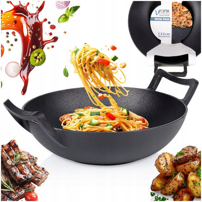 Ketaus WOK didelė keptuvė kepimui, troškinimui ant viryklės, laužo 32 cm