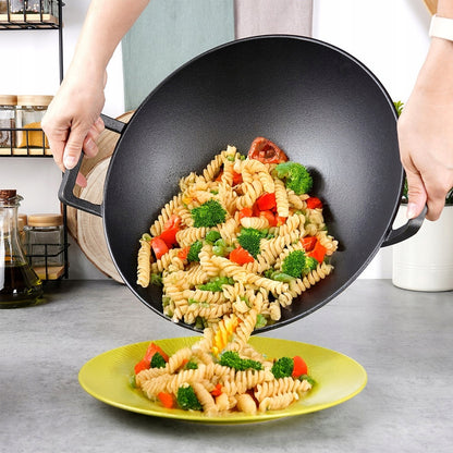 Ketaus WOK didelė keptuvė kepimui, troškinimui ant viryklės, laužo 32 cm