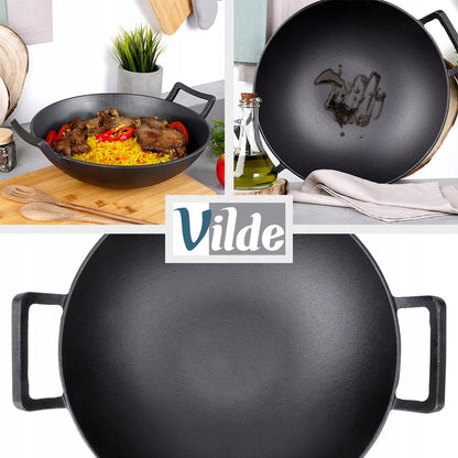 Ketaus WOK keptuvė, didelė keptuvė maisto kepimui ir troškinimui ant viryklės ar laužo, 36 cm
