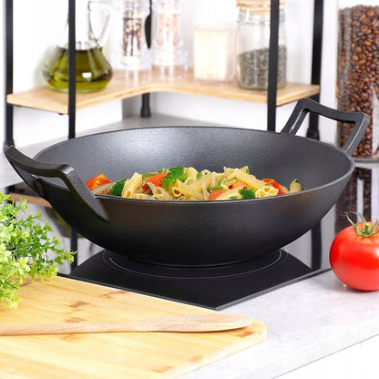 Ketaus WOK keptuvė, didelė keptuvė maisto kepimui ir troškinimui ant viryklės ar laužo, 36 cm