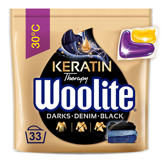 Woolite Dark juodų drabužių skalbimo kapsulės su keratino spalva, 33 vnt.