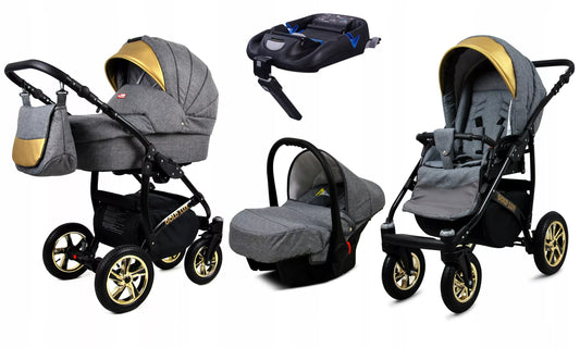 Vaikiškas vežimėlis 4in1 BabyLux Gold Lux sportinė dalis, lopšys, automobilinė kėdutė, ISOFIX bazė