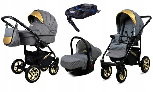 Vaikiškas vežimėlis 4in1 BabyLux Gold Lux sportinė dalis, lopšys, automobilinė kėdutė, ISOFIX bazė