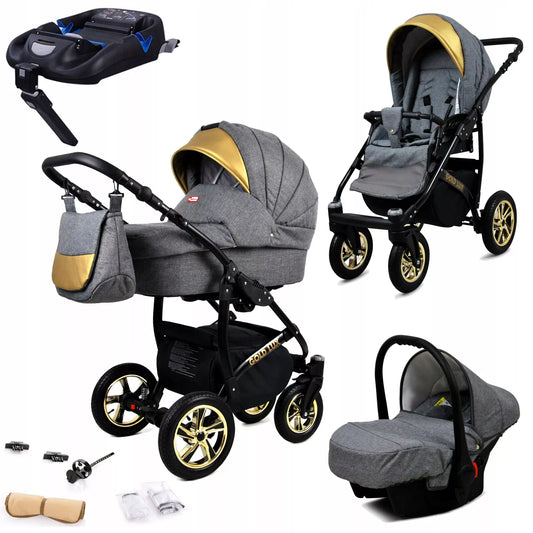 Vaikiškas vežimėlis 4in1 BabyLux Gold Lux sportinė dalis, lopšys, automobilinė kėdutė, ISOFIX bazė
