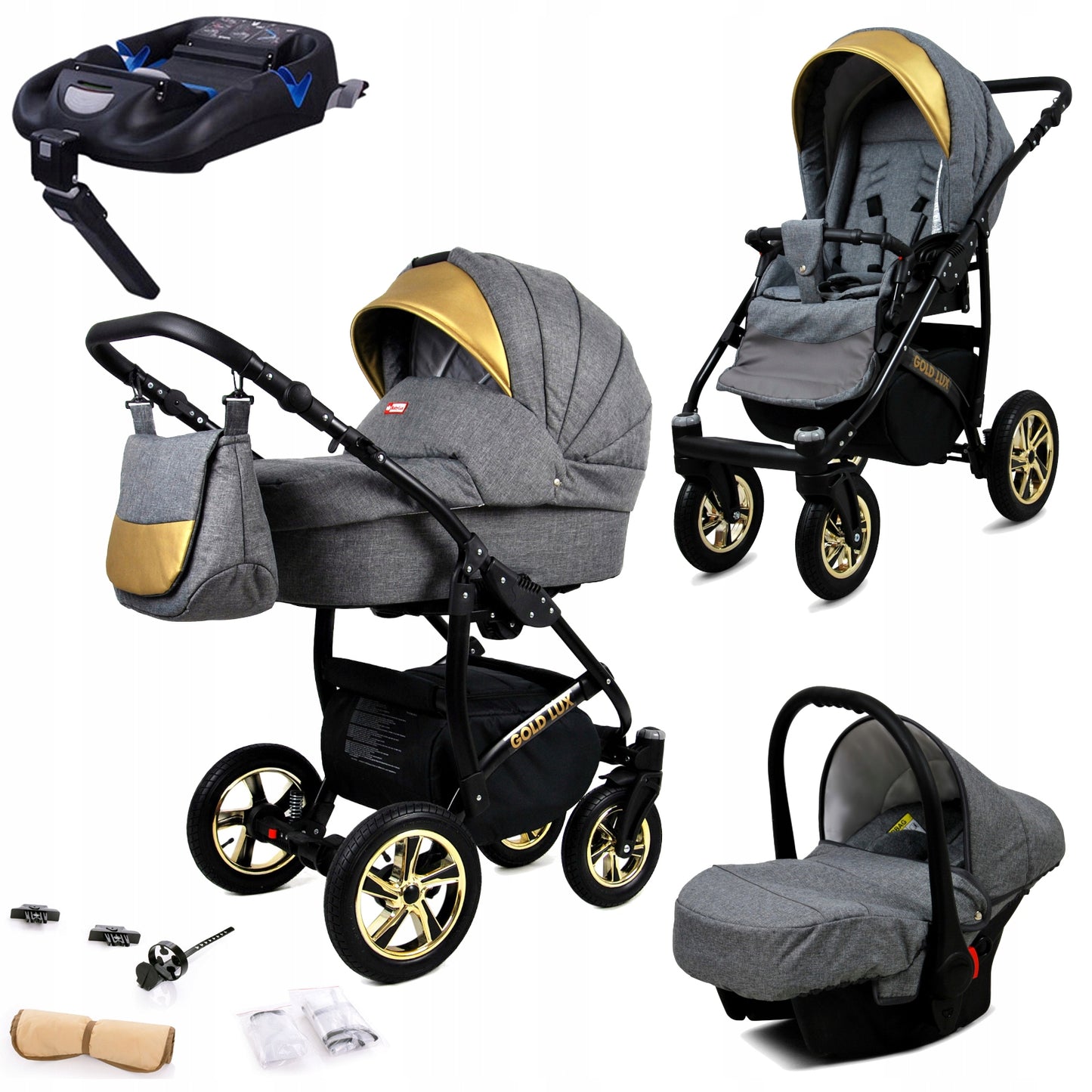 Vaikiškas vežimėlis 4in1 BabyLux Gold Lux sportinė dalis, lopšys, automobilinė kėdutė, ISOFIX bazė