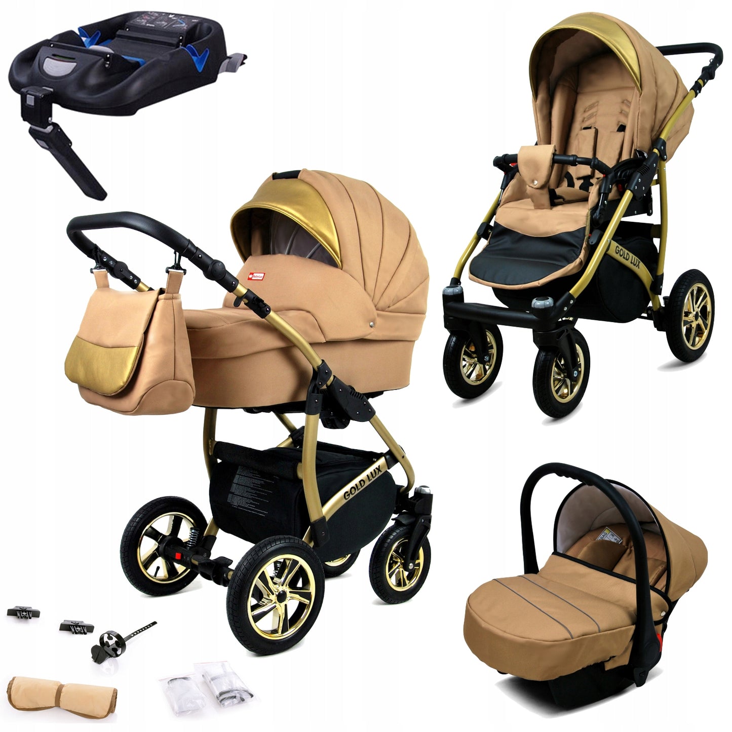 Vaikiškas vežimėlis 4in1 BabyLux Gold Lux sportinė dalis, lopšys, automobilinė kėdutė, ISOFIX bazė