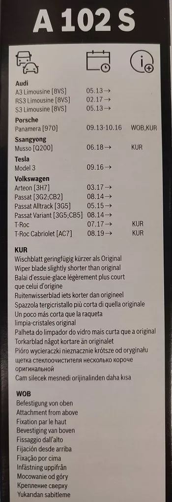 Valytuvų šluotelės Bosch 650/475 mm PLOKŠČIOS A102S AEROTWIN Priekinis komplektas