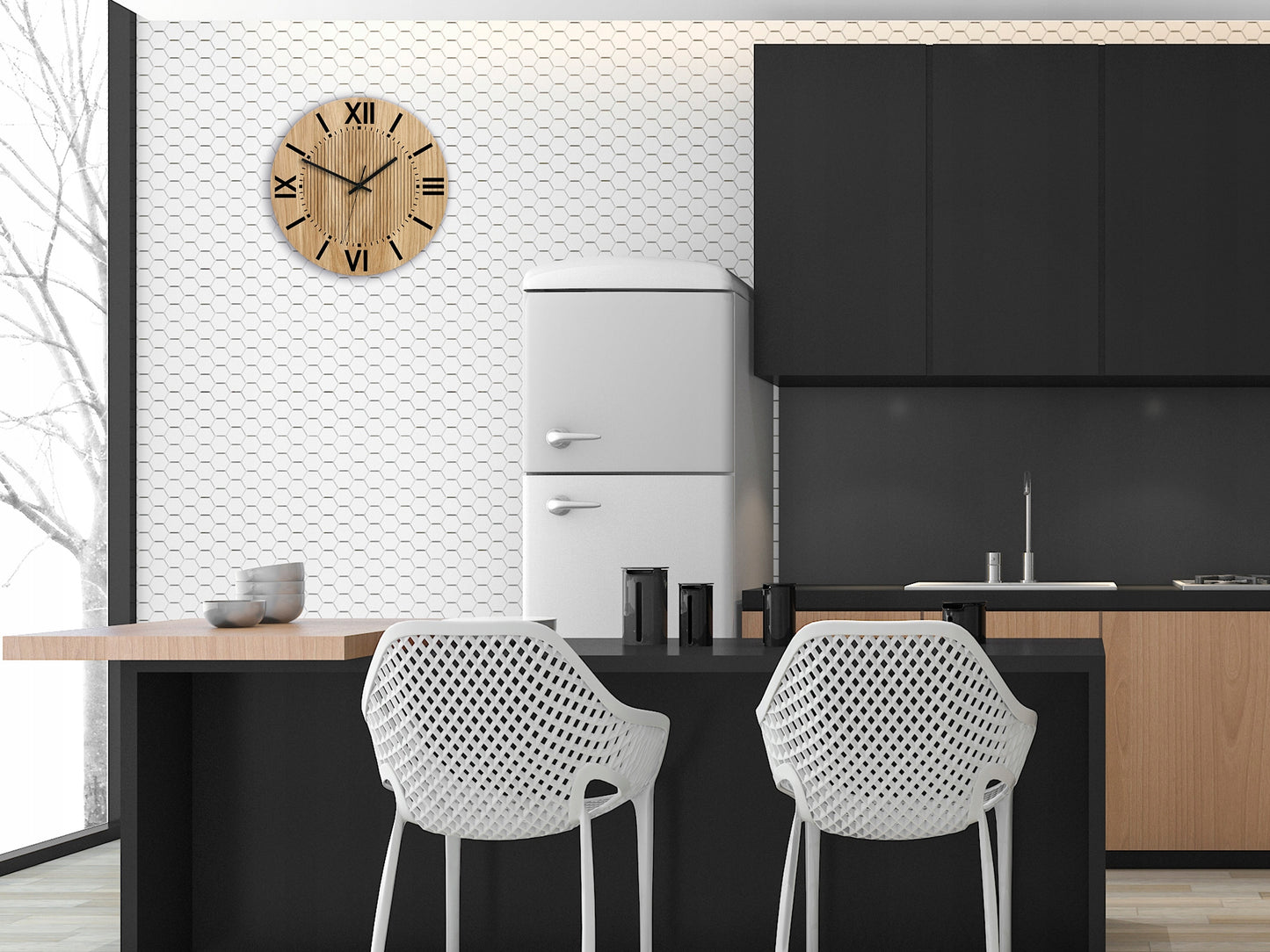 Sieninis laikrodis medinis SANTIAGO 33 cm - įskaitomas - svetainei, ULTRAGARSAS tylus