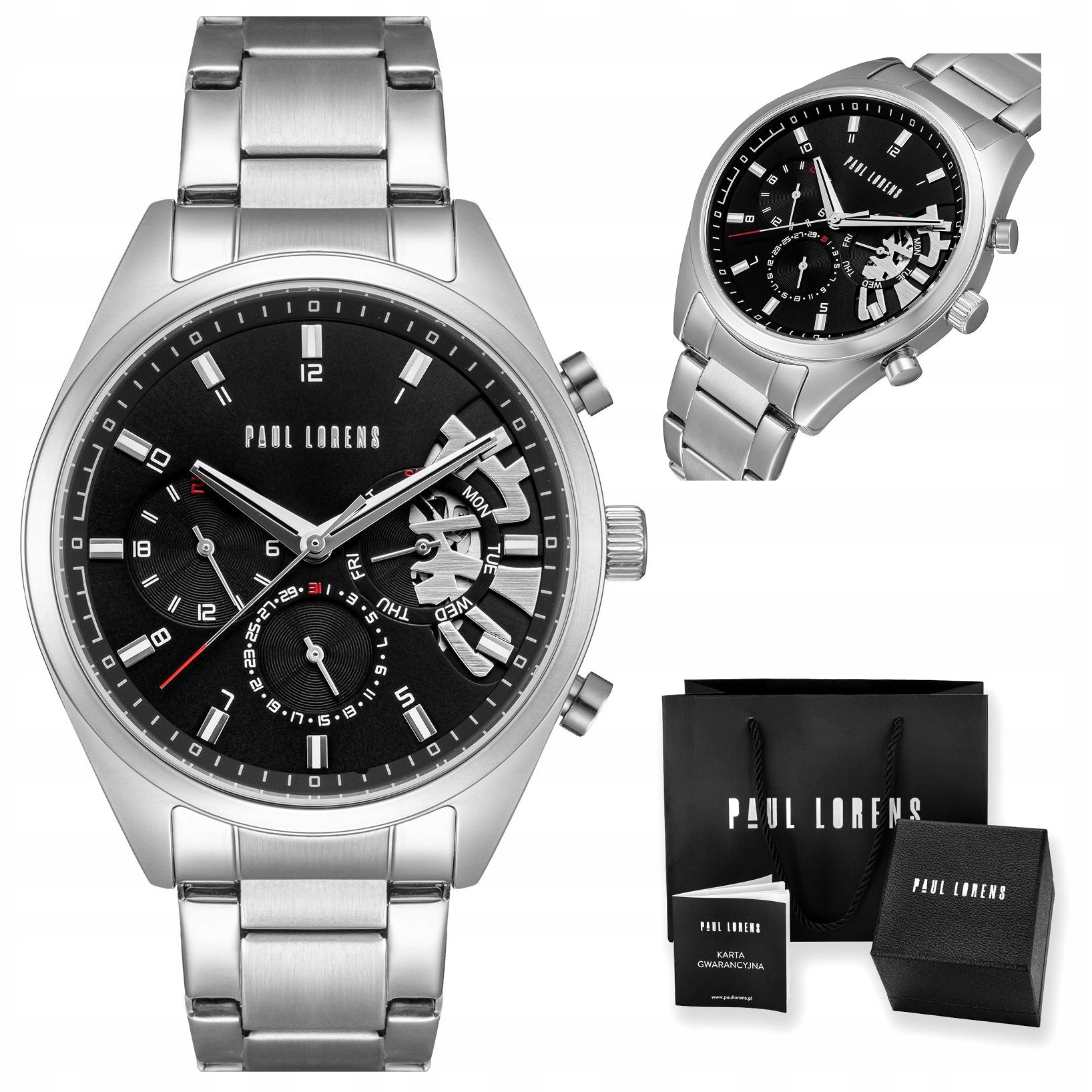 Vyriškas laikrodis PAUL LORENS BAKER chronografas, datos rodiklis, atviras širdies dizainas + DOVANŲ DĖŽUTĖ SU ĮRAŠU
