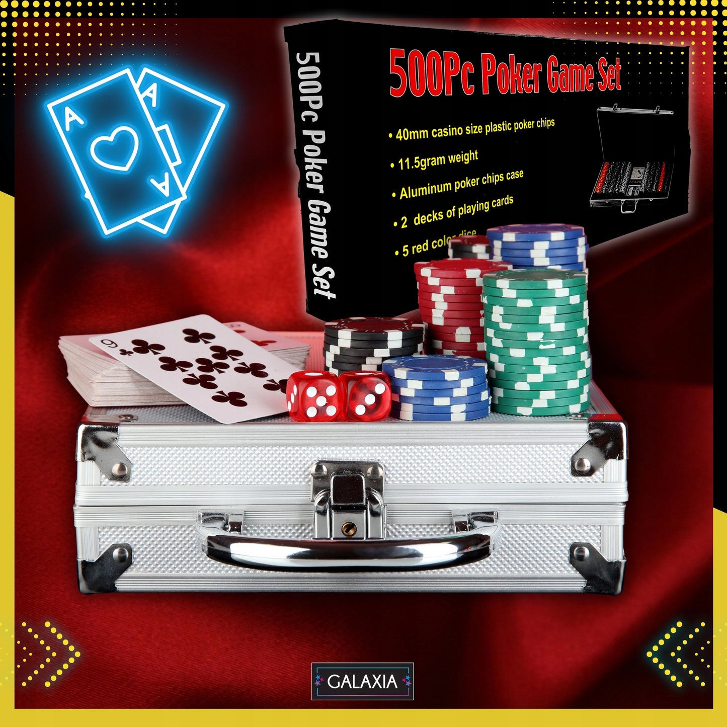Pokerio rinkinys su 500 žetonų, kortomis ir lagaminu