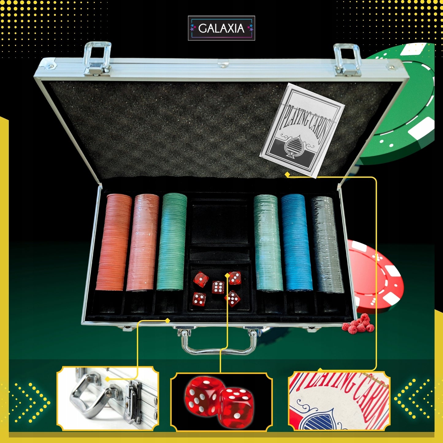 Pokerio rinkinys su 500 žetonų, kortomis ir lagaminu