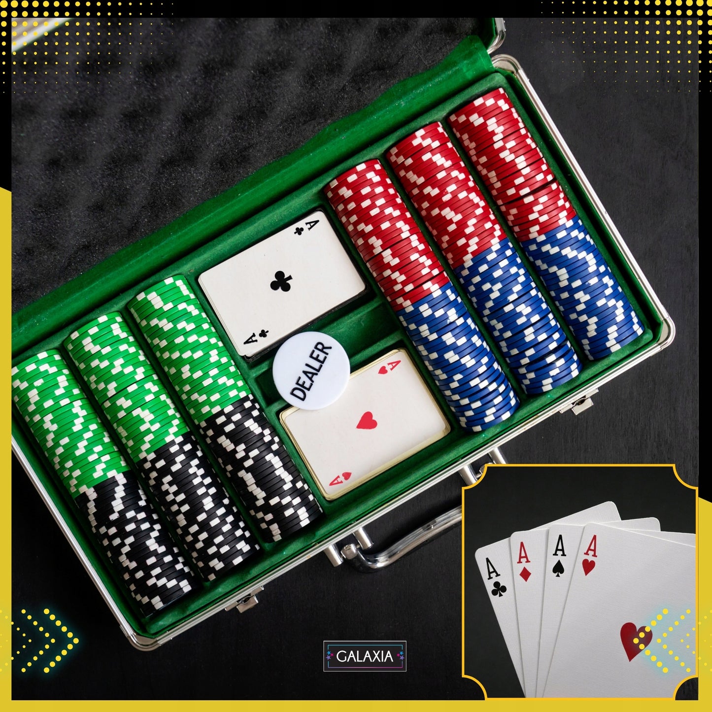 Pokerio rinkinys su 500 žetonų, kortomis ir lagaminu