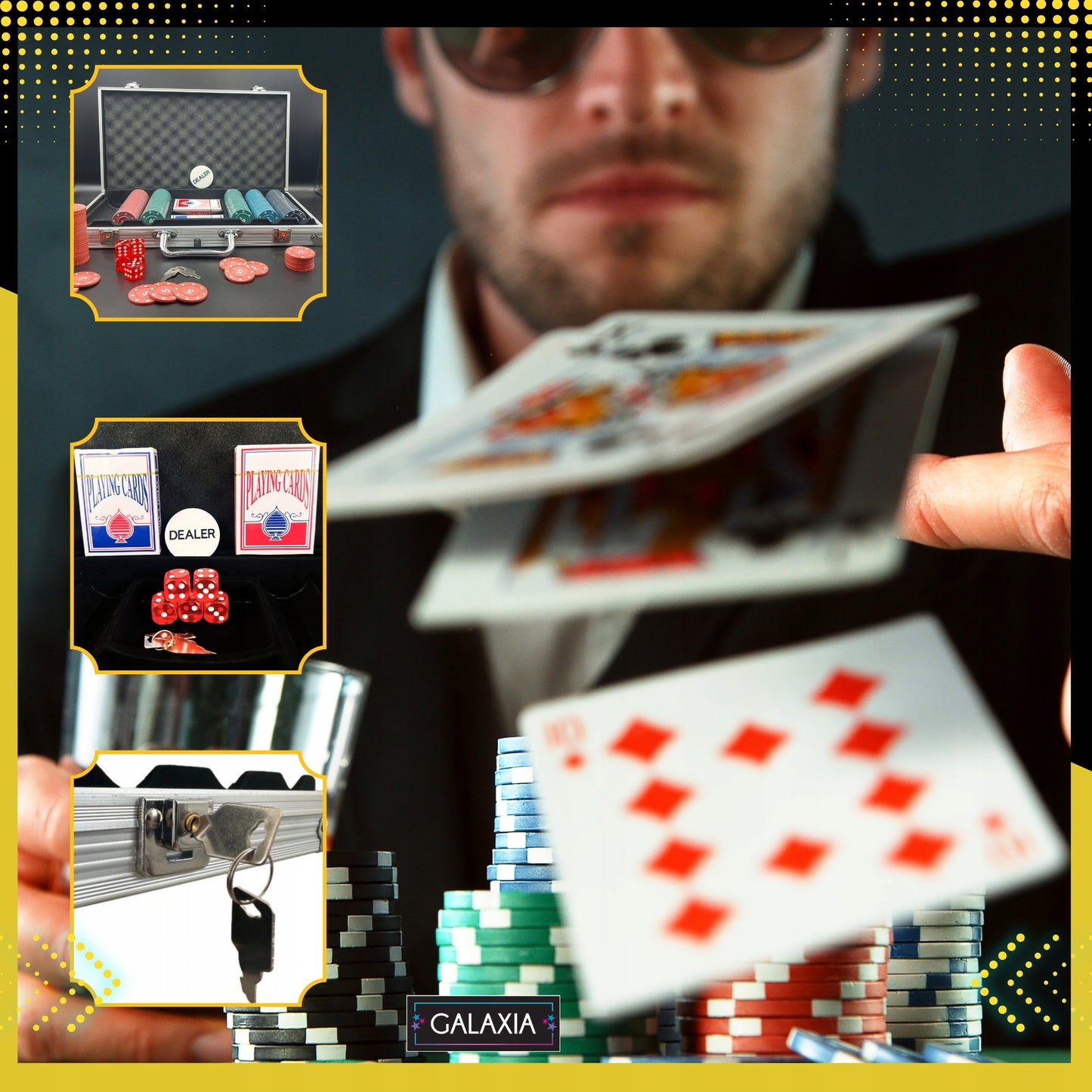 Pokerio rinkinys su 500 žetonų, kortomis ir lagaminu