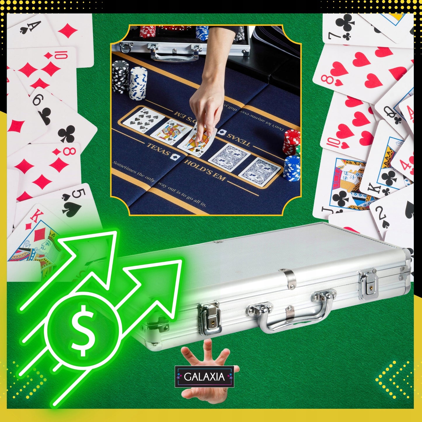 Pokerio rinkinys su 500 žetonų, kortomis ir lagaminu