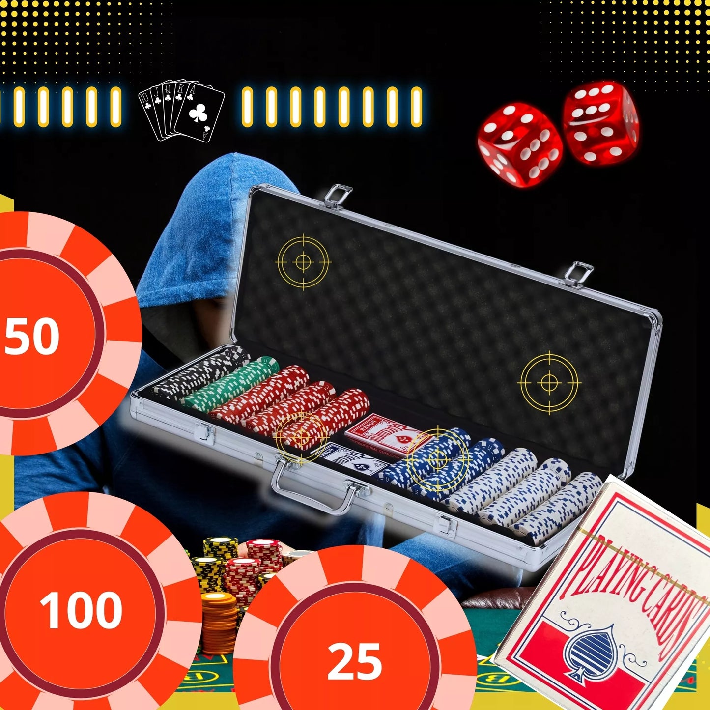 Pokerio rinkinys su 500 žetonų, kortomis ir lagaminu