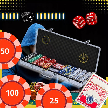 Pokerio rinkinys su 500 žetonų, kortomis ir lagaminu