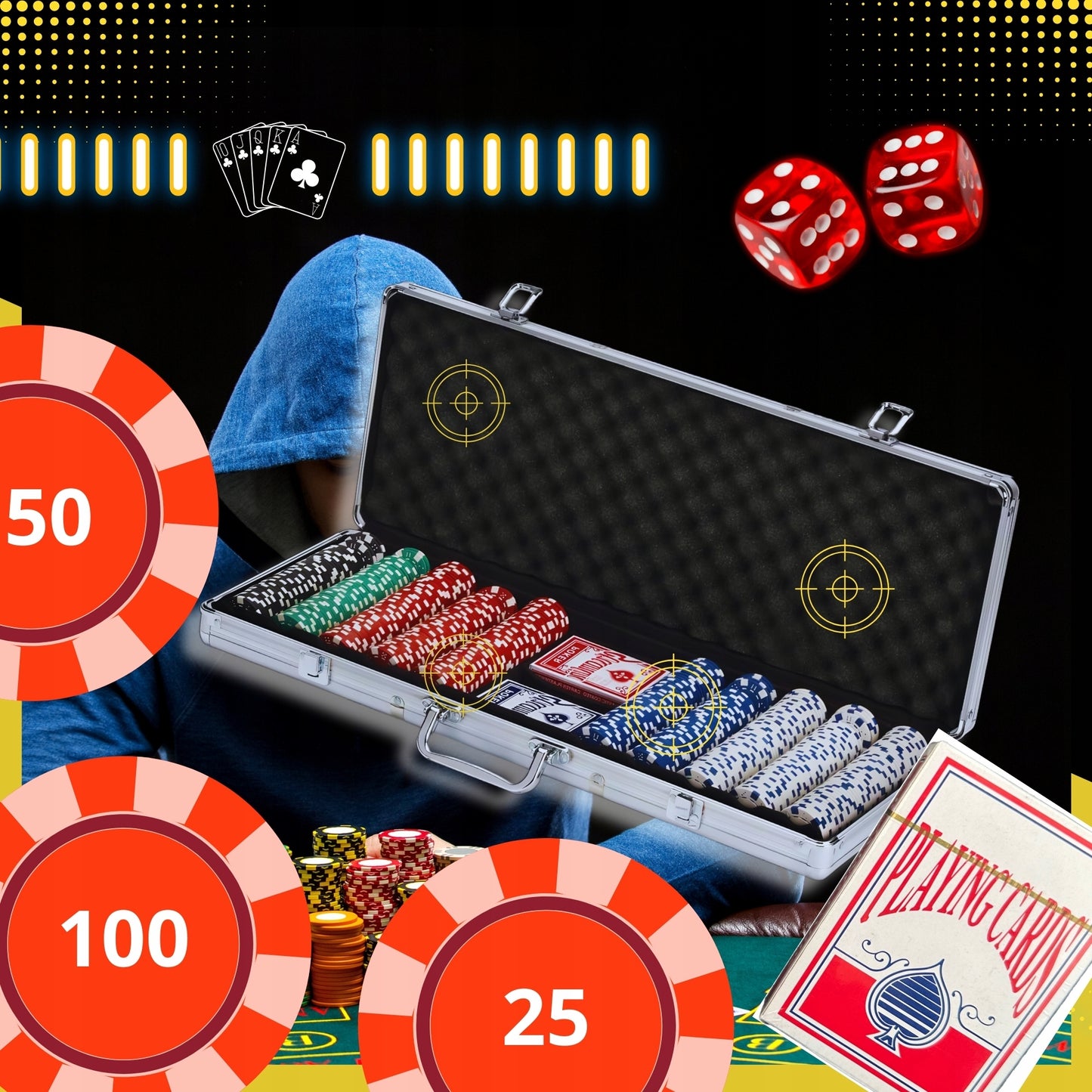 Pokerio rinkinys su 500 žetonų, kortomis ir lagaminu