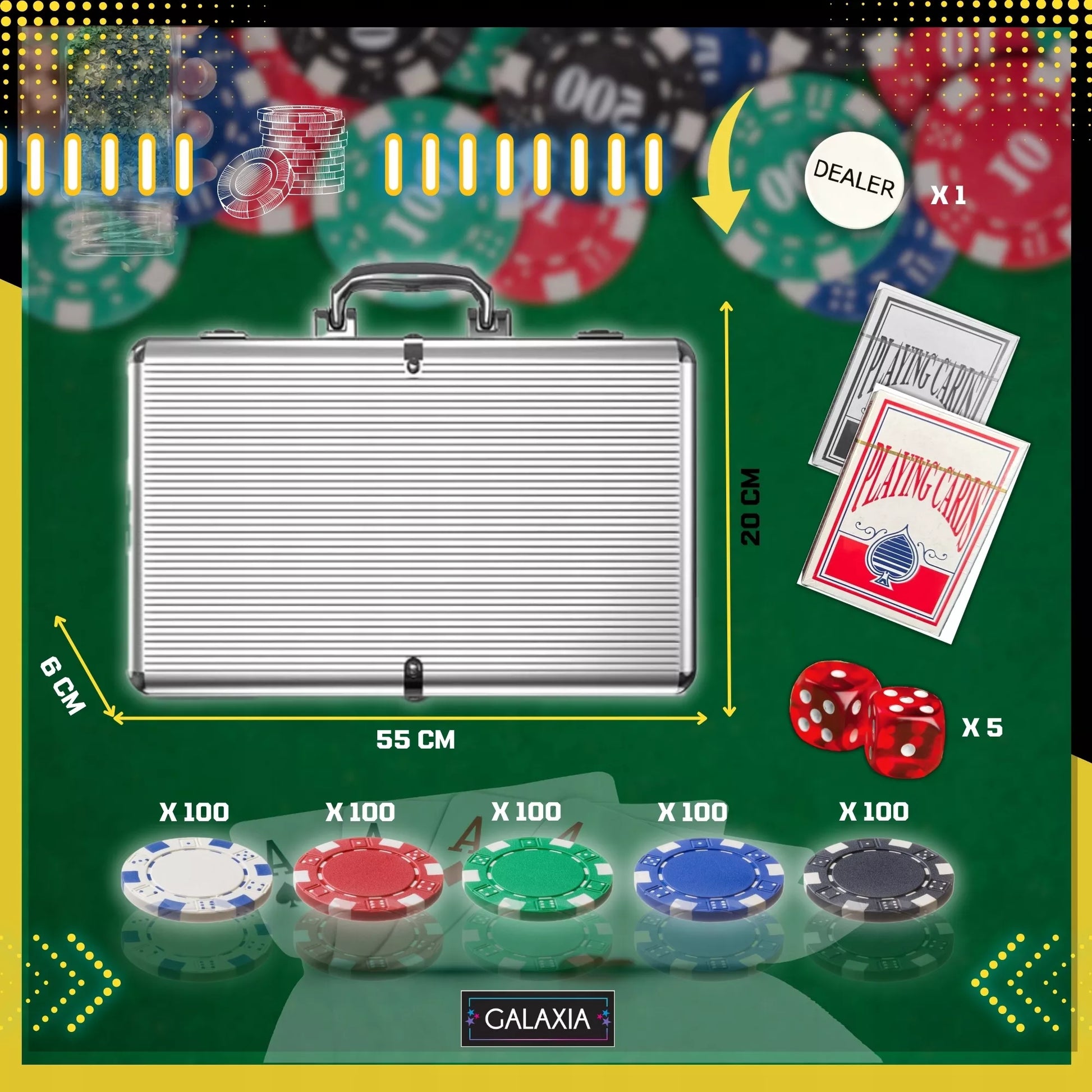 Pokerio rinkinys su 500 žetonų, kortomis ir lagaminu