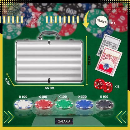 Pokerio rinkinys su 500 žetonų, kortomis ir lagaminu