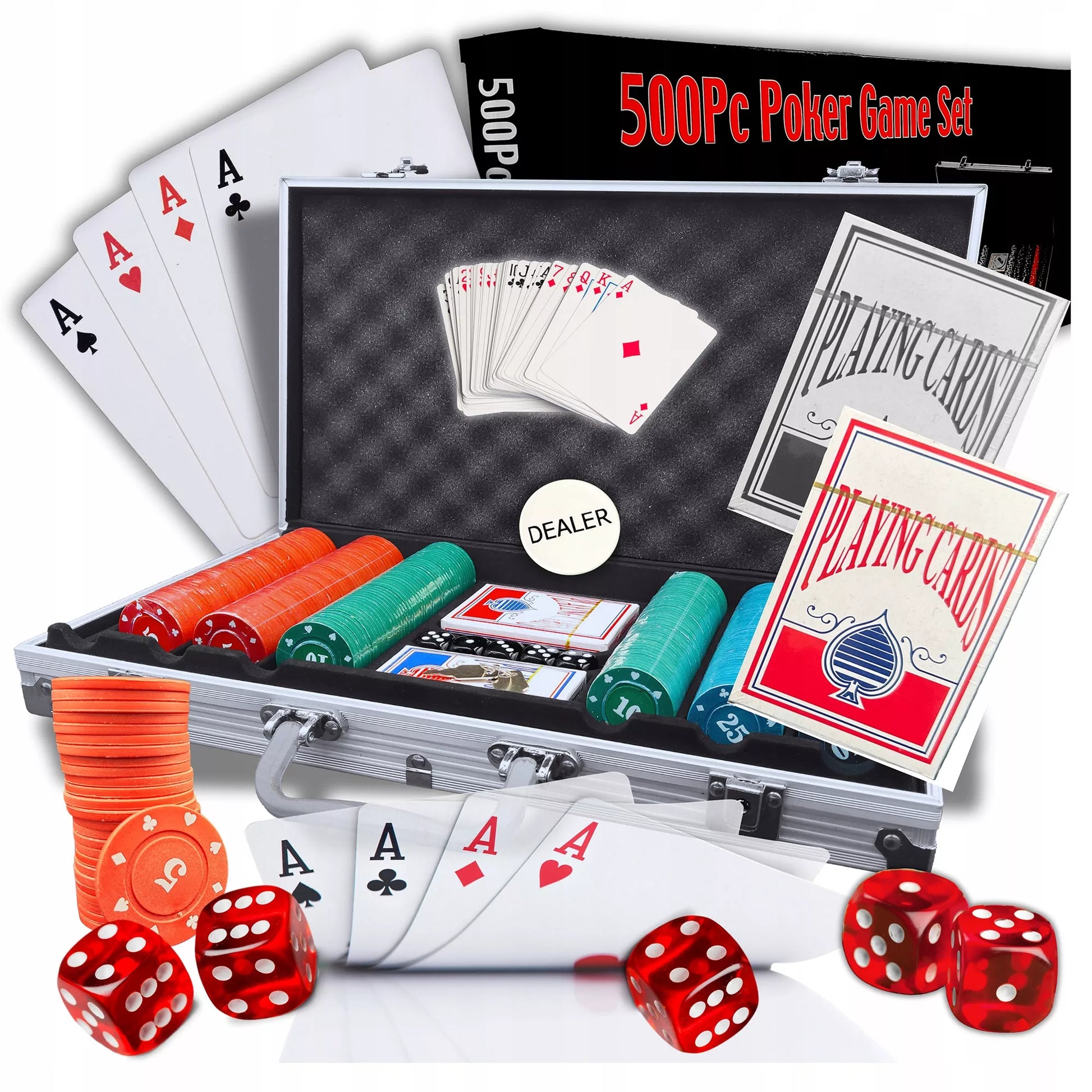 Pokerio rinkinys su 500 žetonų, kortomis ir lagaminu