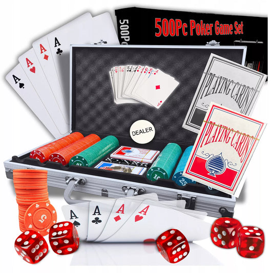Pokerio rinkinys su 500 žetonų, kortomis ir lagaminu