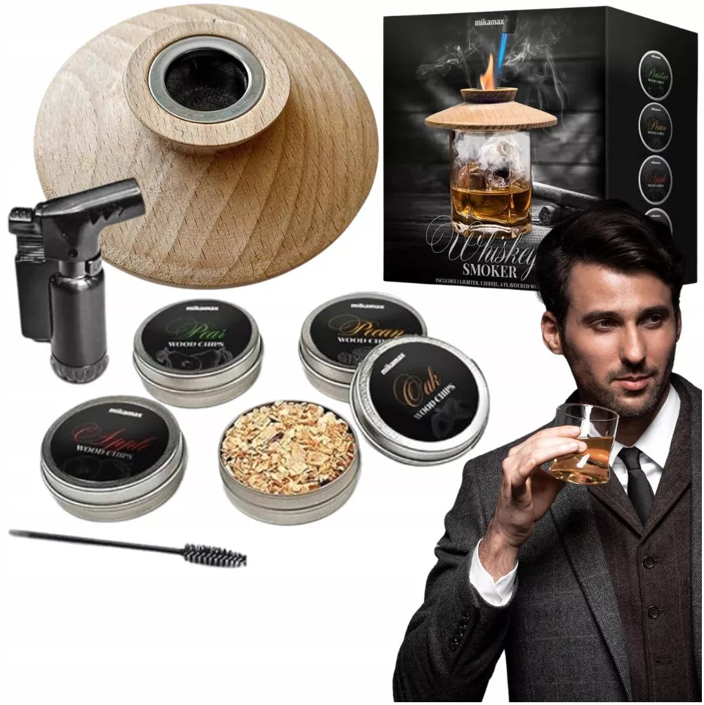RŪKYMO RINKINYS WHISKY SMOKER + MEDIENOS DROŽLĖS - DOVANA VAIKINUI, VYrui