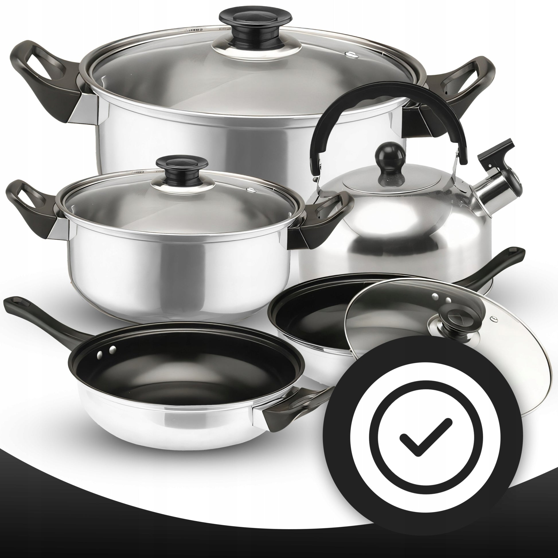 11 ELEMENTŲ VIRTUVĖS INDŲ IR PRIEDŲ RINKINYS DUJINGAI/INDUKCINEI VIRYKLĖI KETILAS KEPTUVĖ