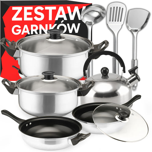 11 ELEMENTŲ VIRTUVĖS INDŲ IR PRIEDŲ RINKINYS DUJINGAI/INDUKCINEI VIRYKLĖI KETILAS KEPTUVĖ