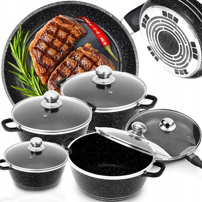 MARMURO PADENGIMO PUODŲ RINKINYS DUJINĖMS IR INDUKCINĖMS VIRYKLĖMS, 12 ELEMENTŲ, SU KELIAIS