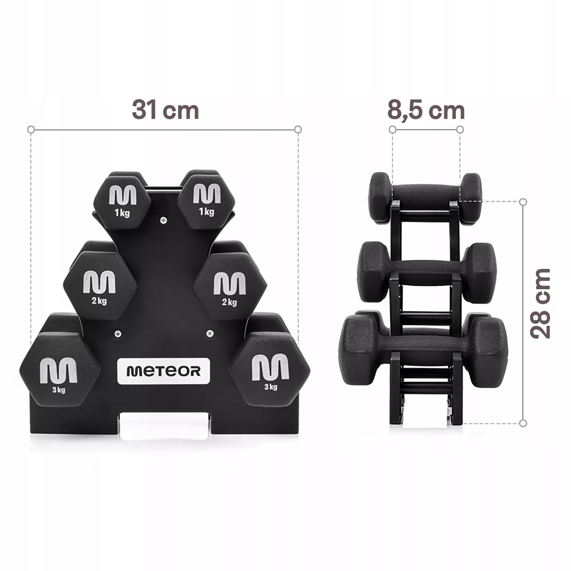 Ketlų rinkinys su stovu 2x3-2-1kg svoriai hanteliai sportui