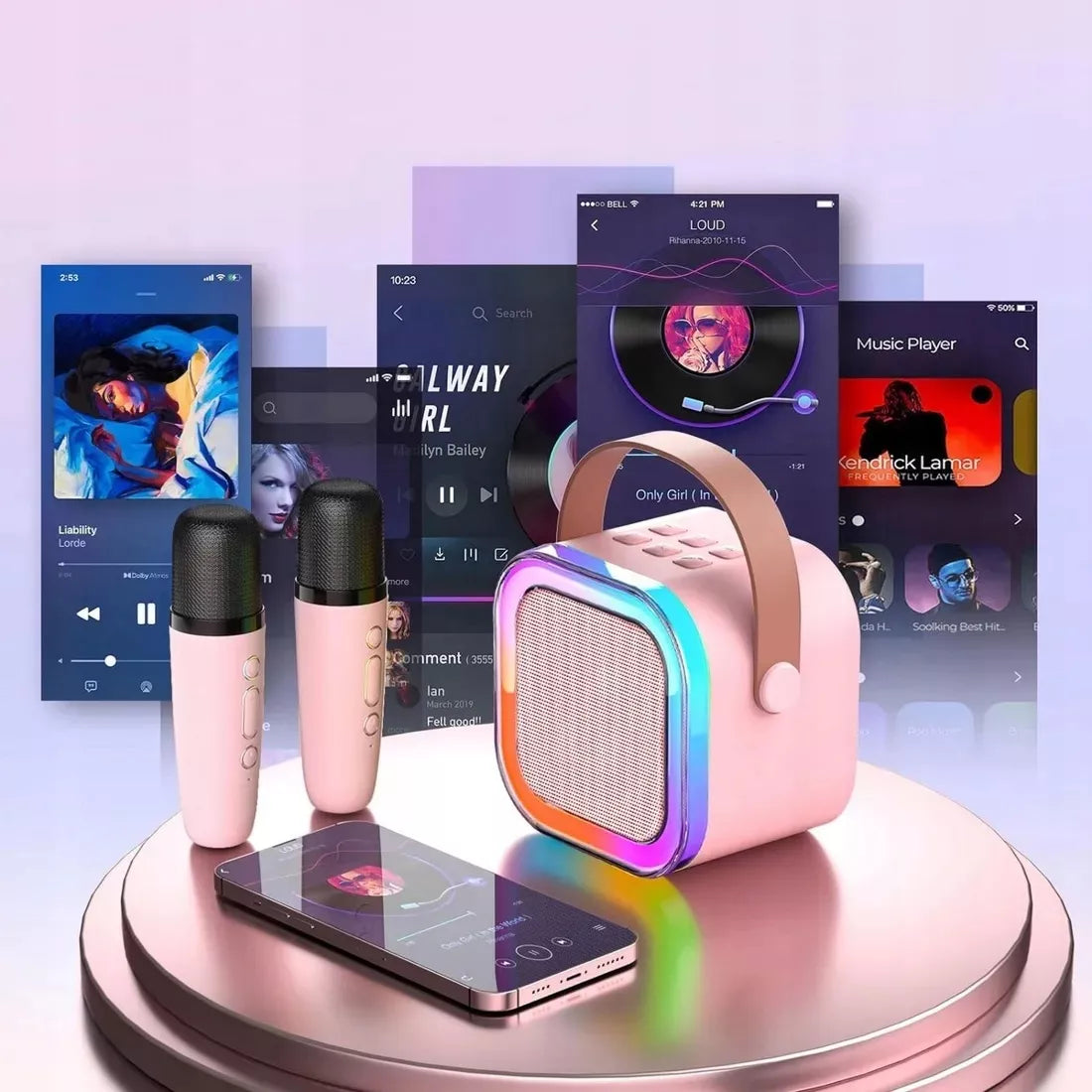 Belaidis nešiojamas karaoke rinkinys, 2x mikrofonas + Bluetooth RGB garsiakalbis