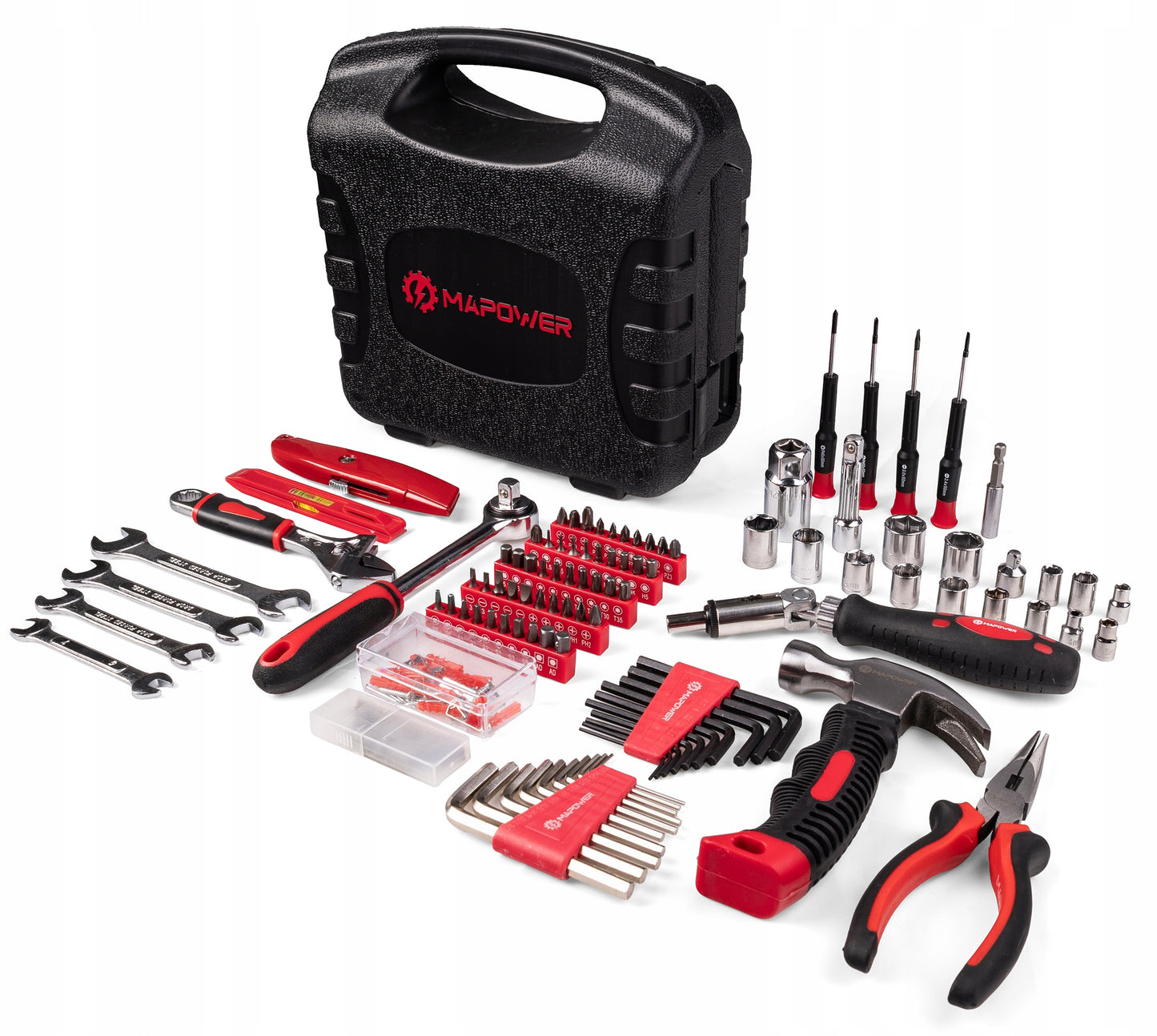 ĮRANKIŲ RINKINYS RAKTAI ĮRANKIŲ DĖŽUTĖ CRV GALVUTĖS ANGALAI 165 ELE MAPOWER