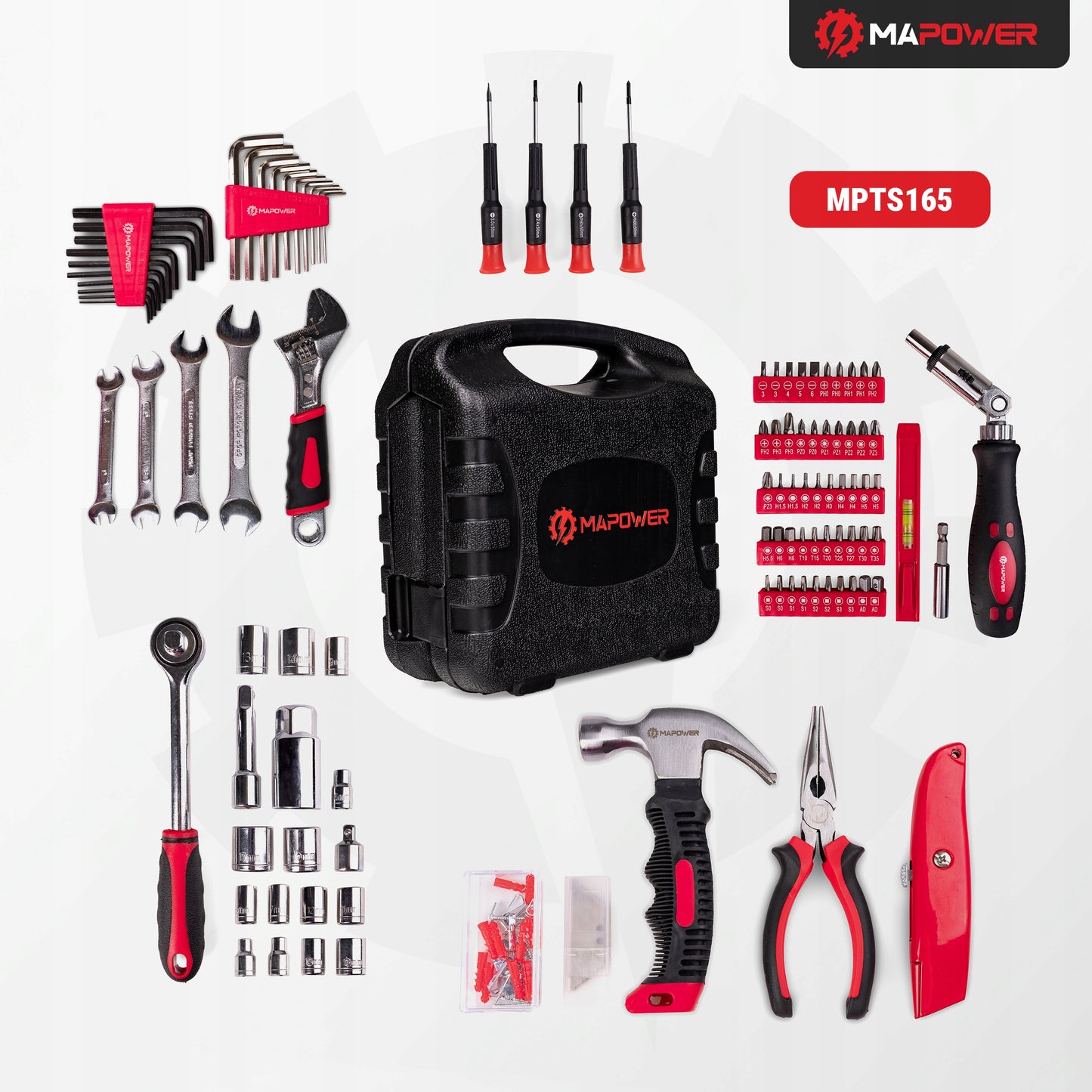 ĮRANKIŲ RINKINYS RAKTAI ĮRANKIŲ DĖŽUTĖ CRV GALVUTĖS ANGALAI 165 ELE MAPOWER