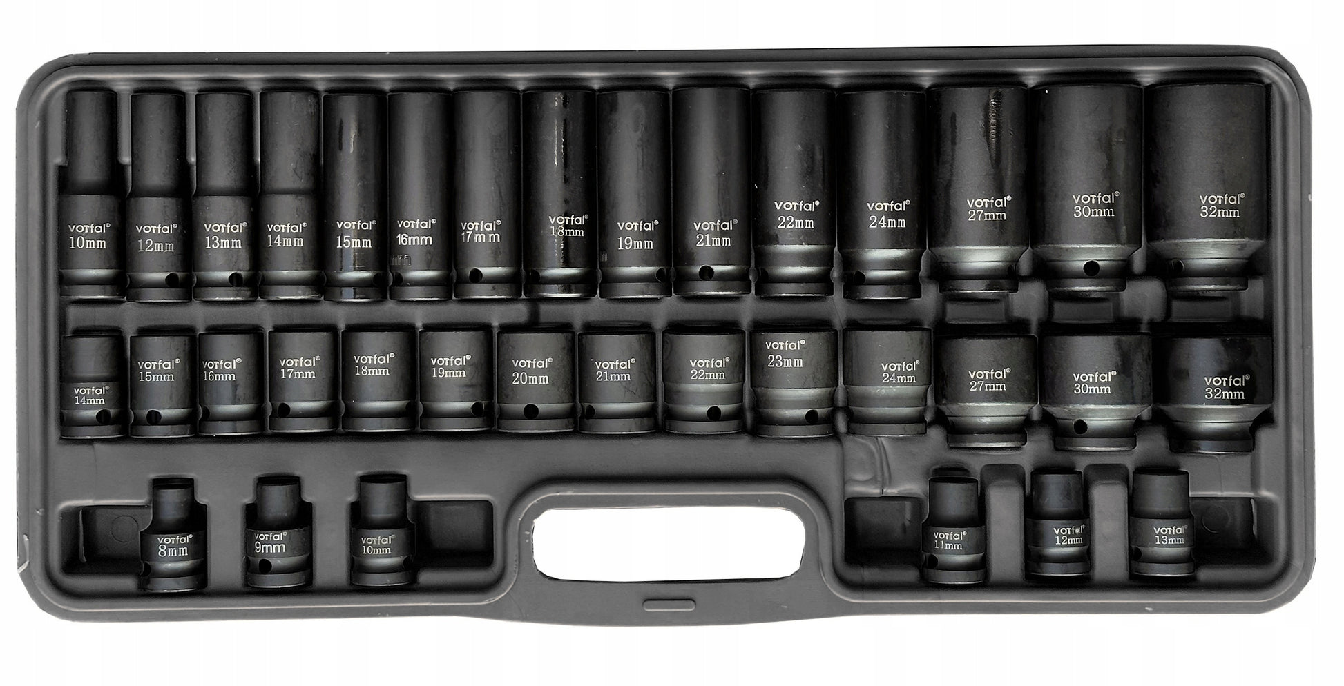 Smūginių lizdų rinkinys 8-32, 1/2" smūginiai lizdai, 35 elementai, dėklas