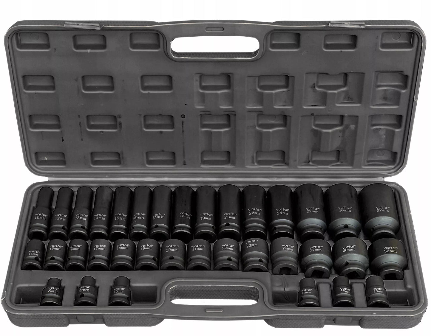 Smūginių lizdų rinkinys 8-32, 1/2" smūginiai lizdai, 35 elementai, dėklas