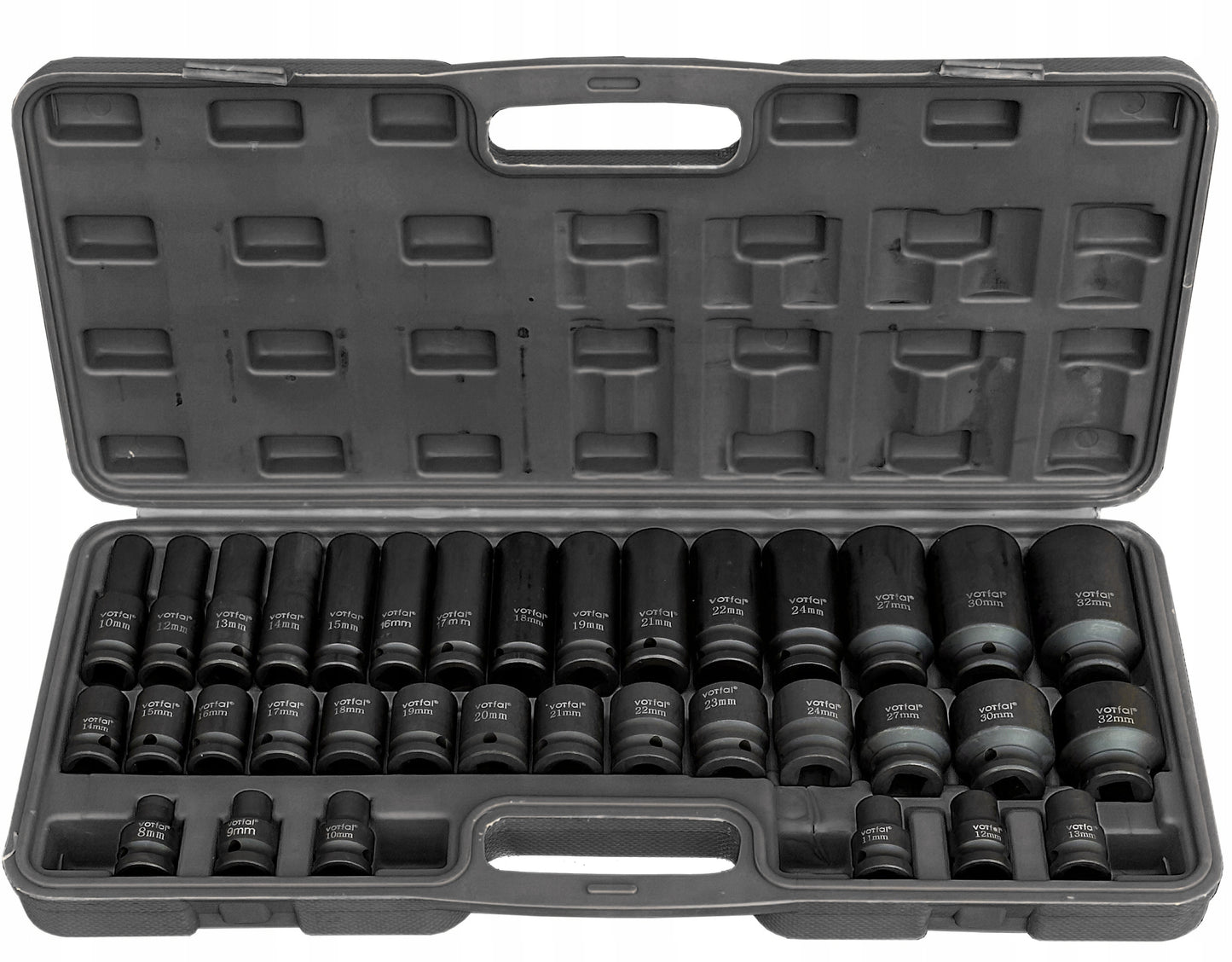 Smūginių lizdų rinkinys 8-32, 1/2" smūginiai lizdai, 35 elementai, dėklas