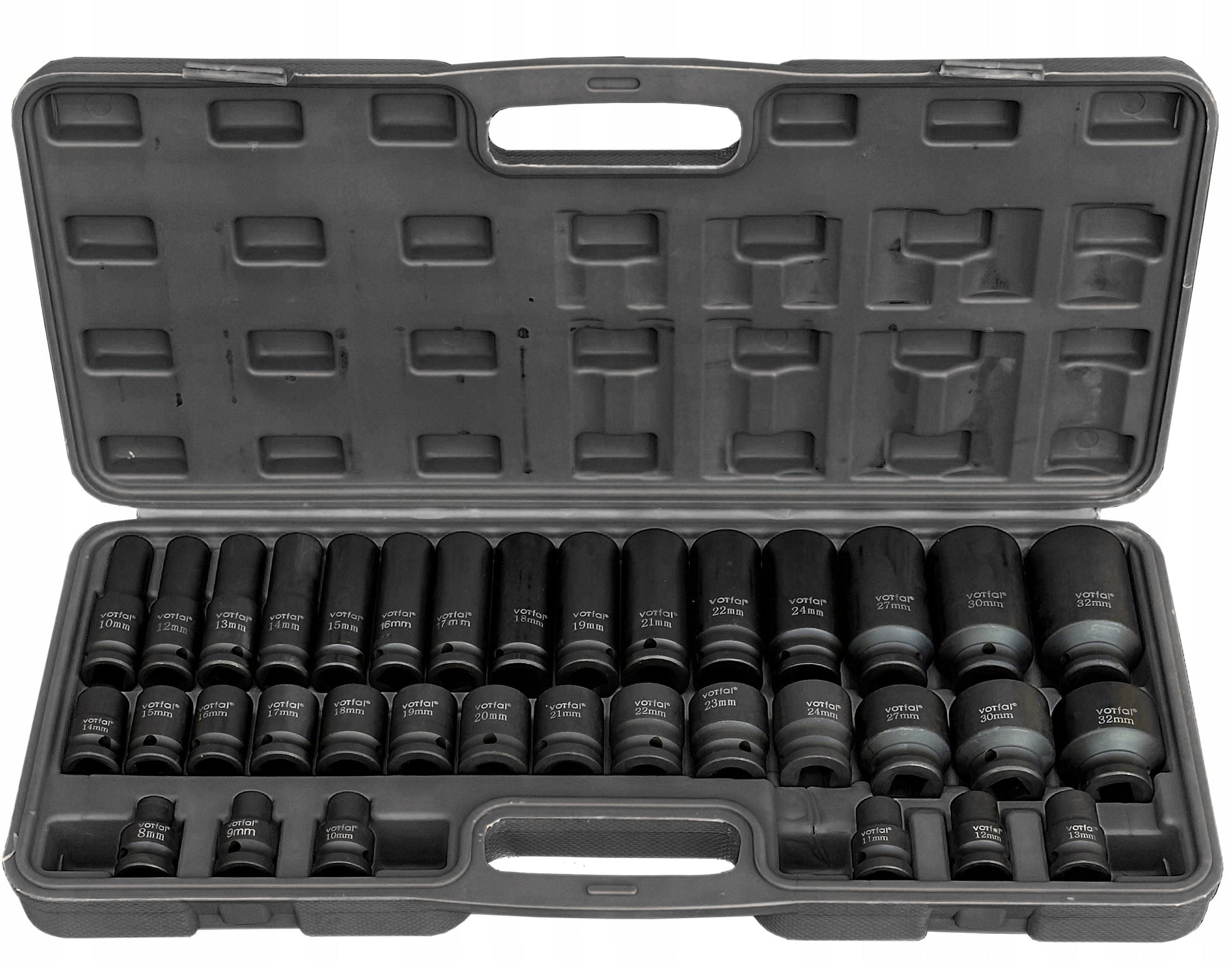 Smūginių lizdų rinkinys 8-32, 1/2" smūginiai lizdai, 35 elementai, dėklas