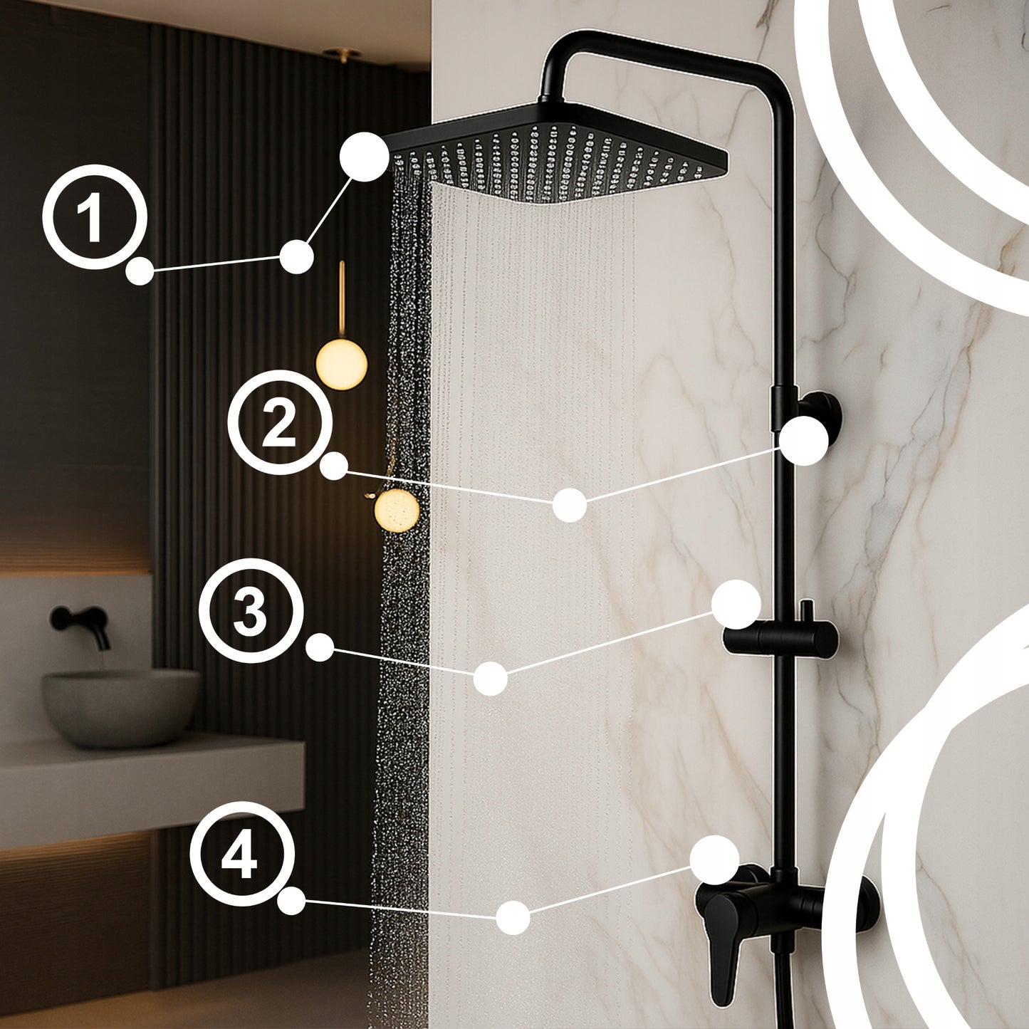 Juodas sieninis dušo komplektas su lietaus ir rankine galvutėmis