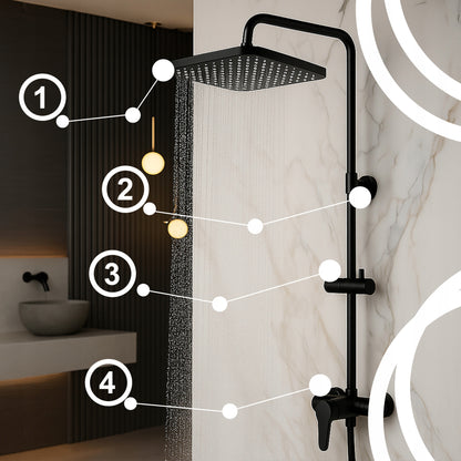 Juodas sieninis dušo komplektas su lietaus ir rankine galvutėmis