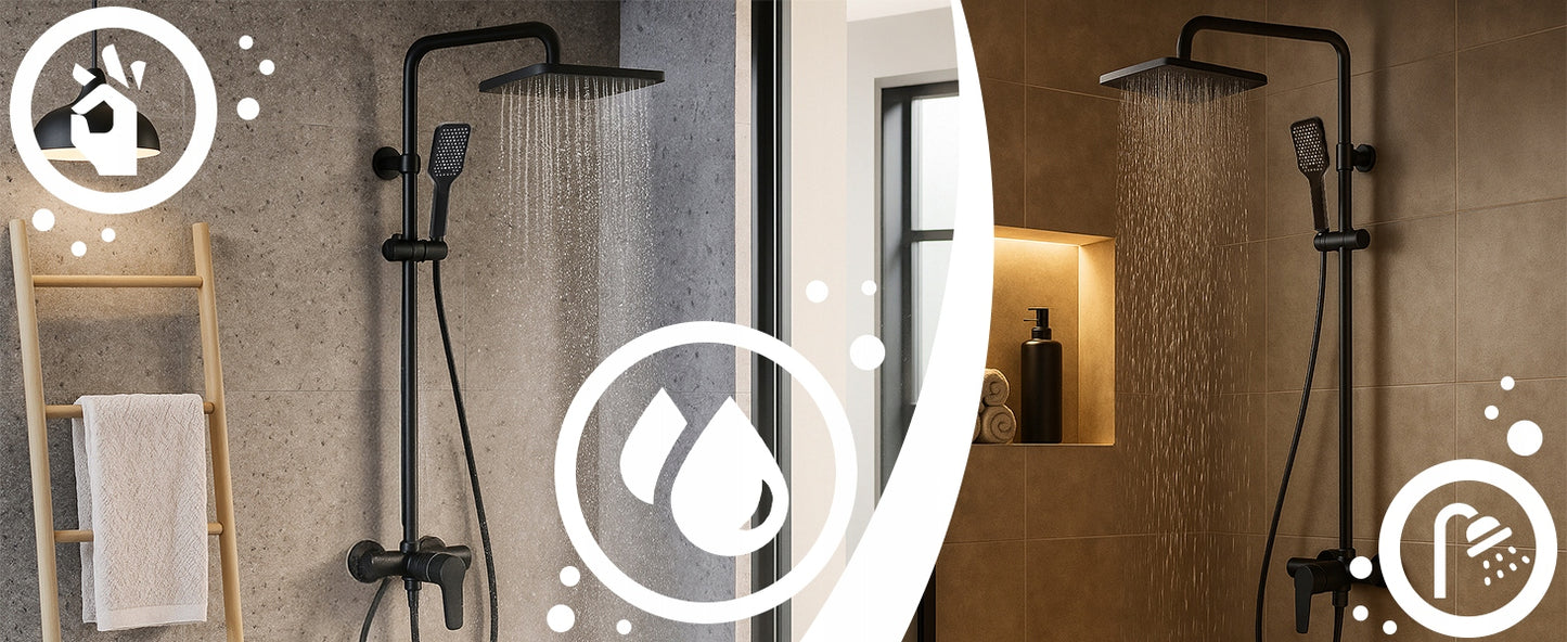 Juodas sieninis dušo komplektas su lietaus ir rankine galvutėmis