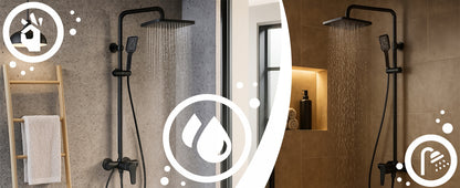 Juodas sieninis dušo komplektas su lietaus ir rankine galvutėmis