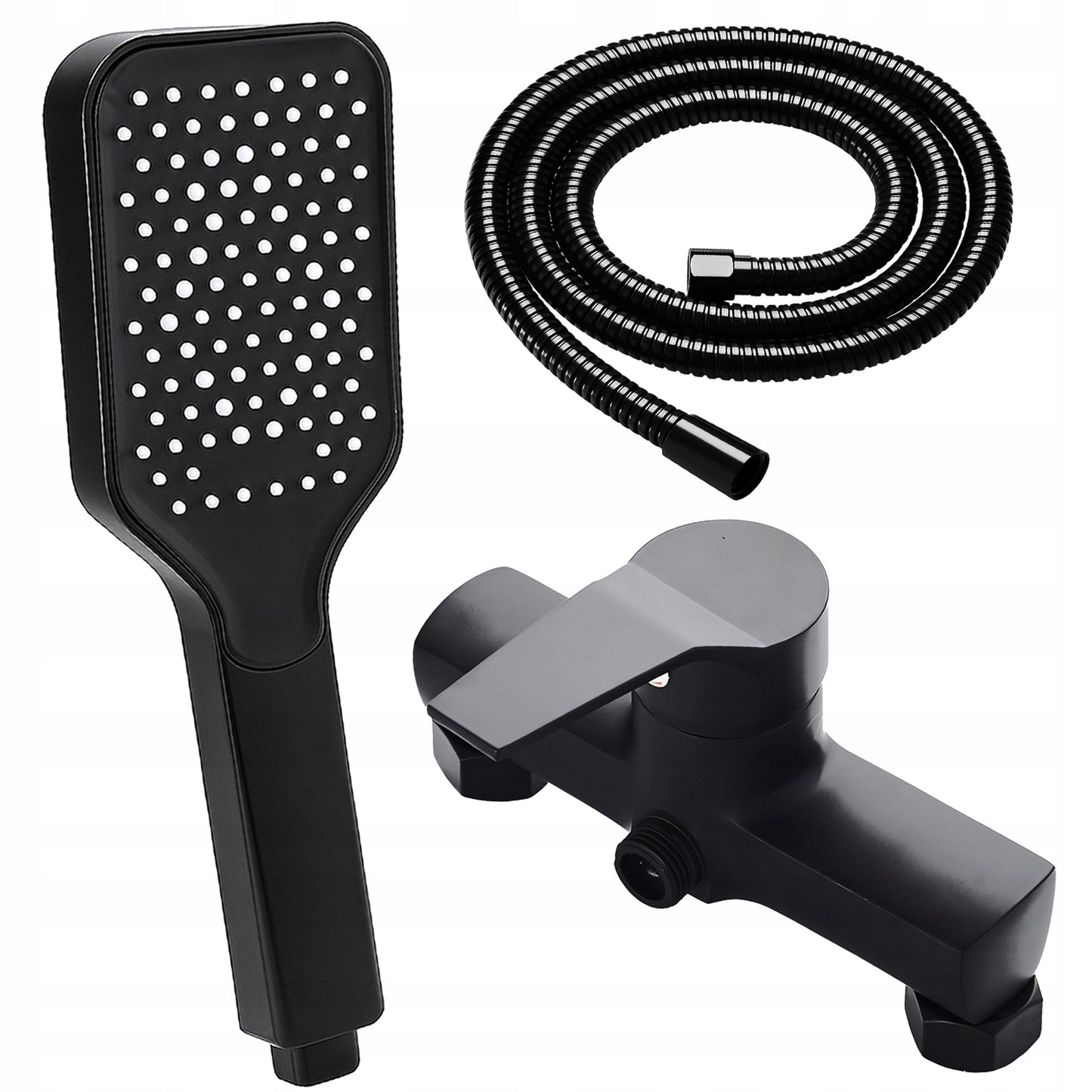 Juodas sieninis dušo komplektas su lietaus ir rankine galvutėmis