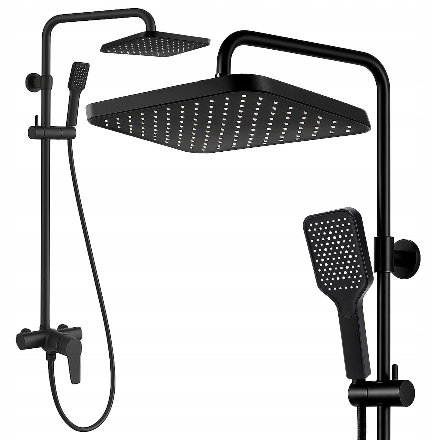 Juodas sieninis dušo komplektas su lietaus ir rankine galvutėmis