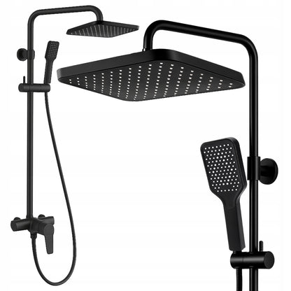 Juodas sieninis dušo komplektas su lietaus ir rankine galvutėmis