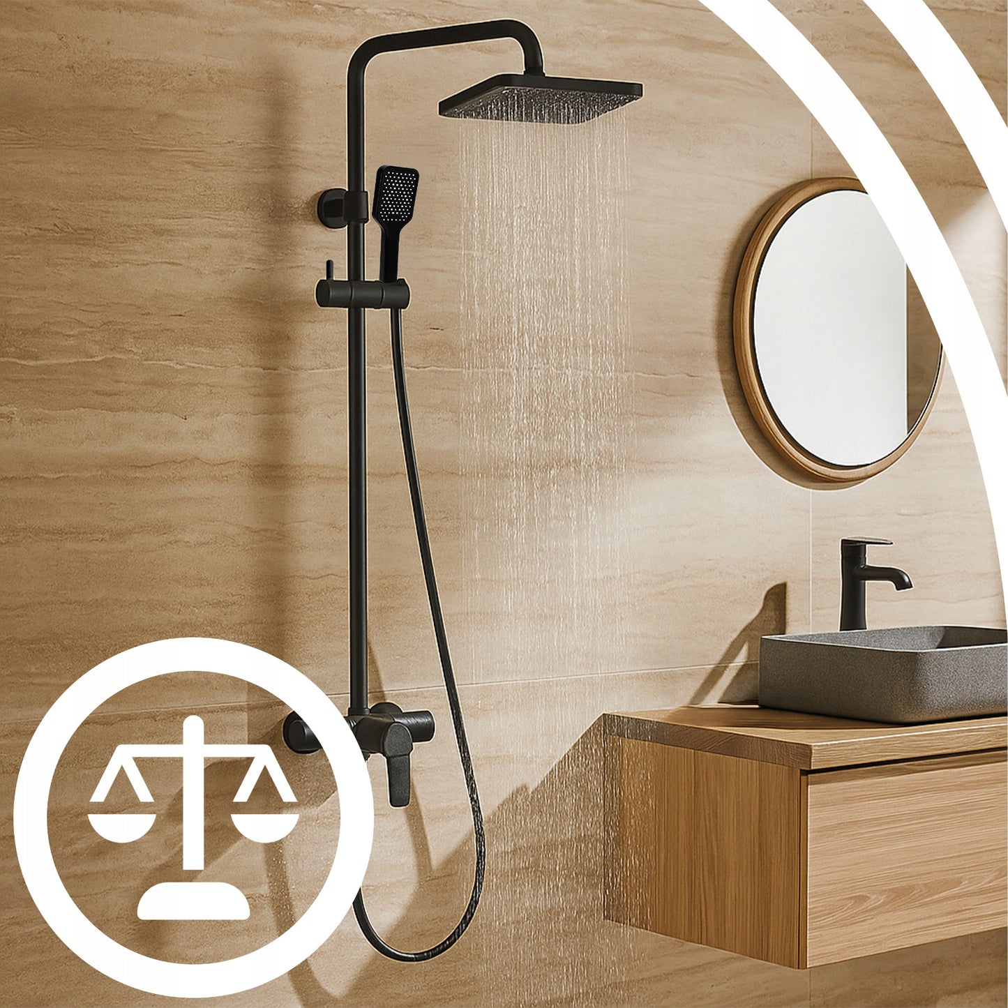 Juodas sieninis dušo komplektas su lietaus ir rankine galvutėmis