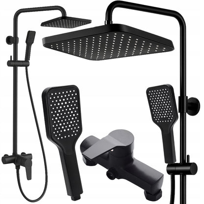 Juodas sieninis dušo komplektas su lietaus ir rankine galvutėmis
